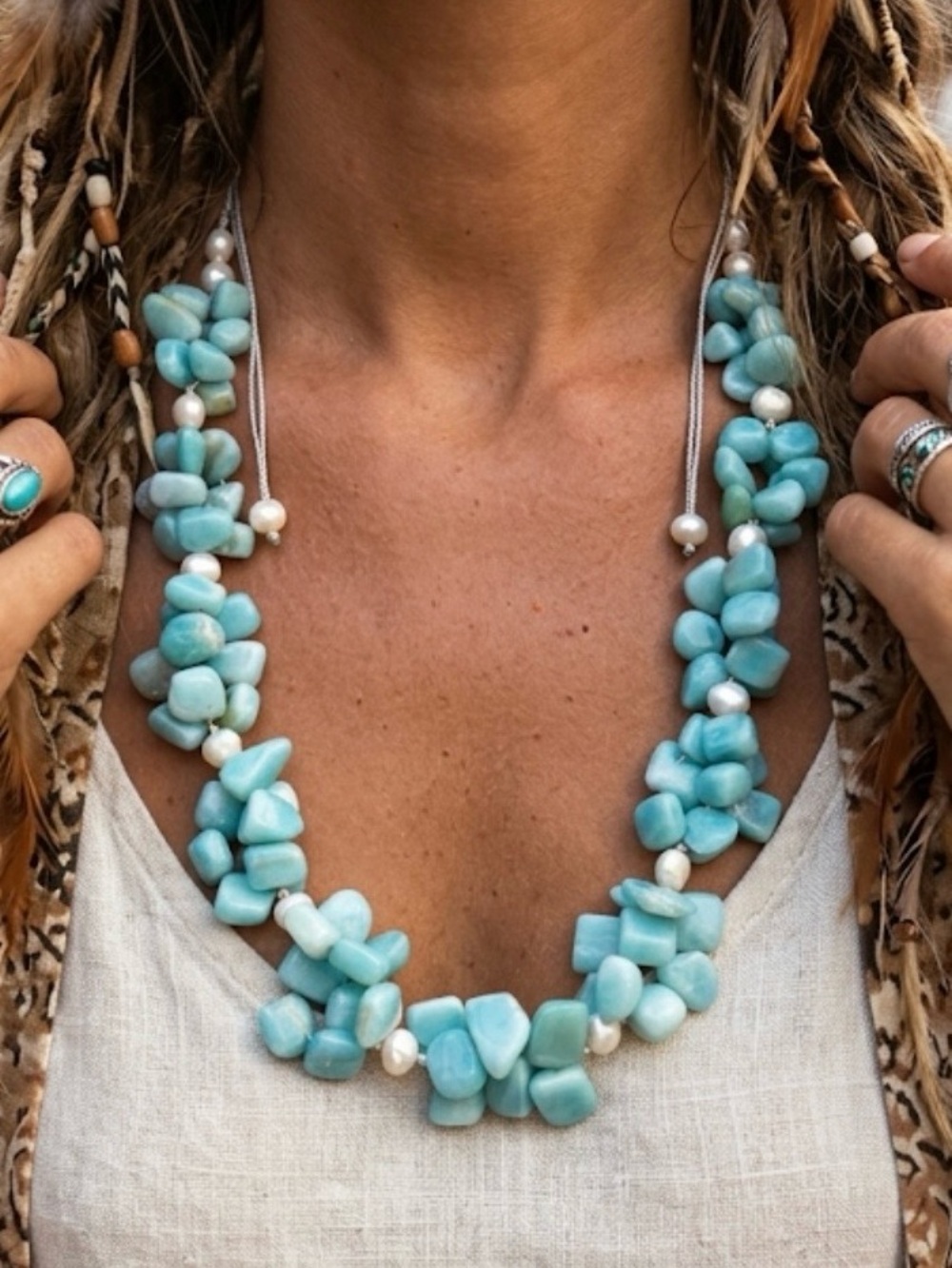 Vintage Larimar Freshwater Pearl Statement Necklace Adjustable 140g